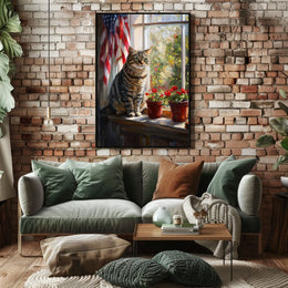 tabby cat sitting in a windowsill Poster