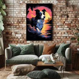 Fetching Border Collie Scenic Sunrise Dog Breed Poster