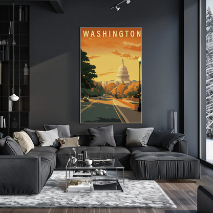 Washington USA Capitol Building Autumn Street Travel Poster