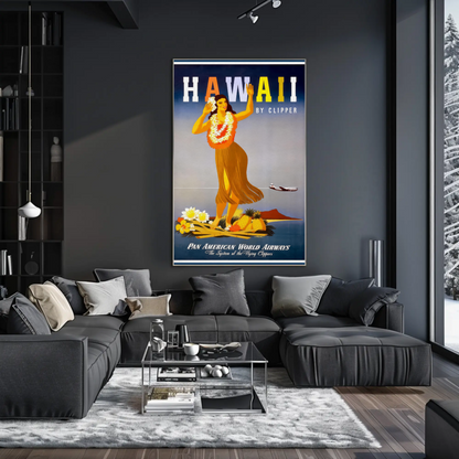 Pan Am Hawaii Hula Dancer Island Sunset Travel Poster