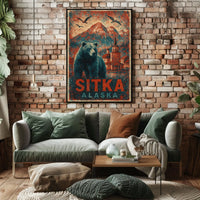 Sitka Alaska Travel Vintage Bear Foreground Snowcapped Mountains Church Heritage Art Deco Retro Eighties Poster