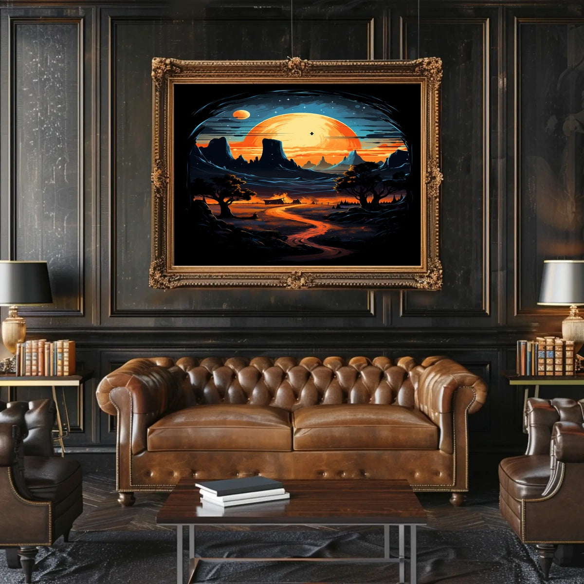 Celestial Sunset Over Desert Landscape Poster