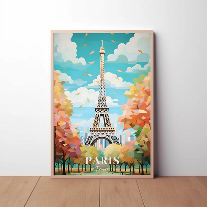 Paris France Eiffel Tower Autumn Leaves Vintage Travel Poster