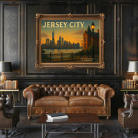 Jersey City Skyline Sunset Travel Poster