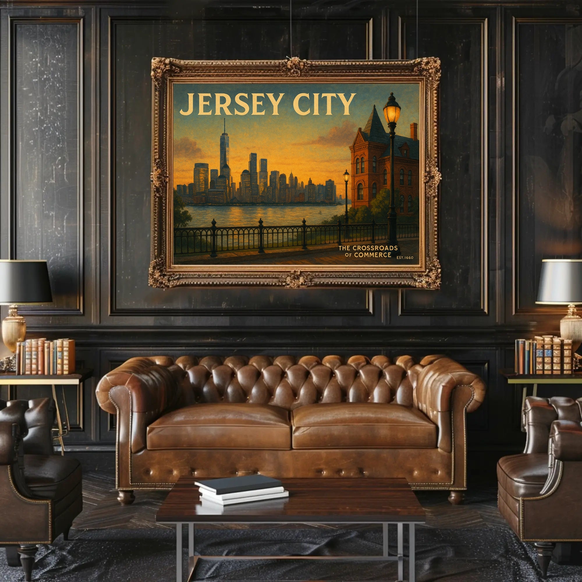 Jersey City Skyline Sunset Travel Poster