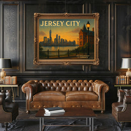 Jersey City Skyline Sunset Travel Poster