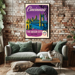 Cincinnati The Queen City Vintage Illustration Bridge Poster