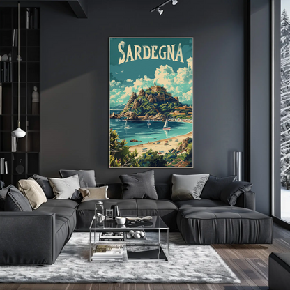 Sardegna Coastal Castle Beach Travel Poster