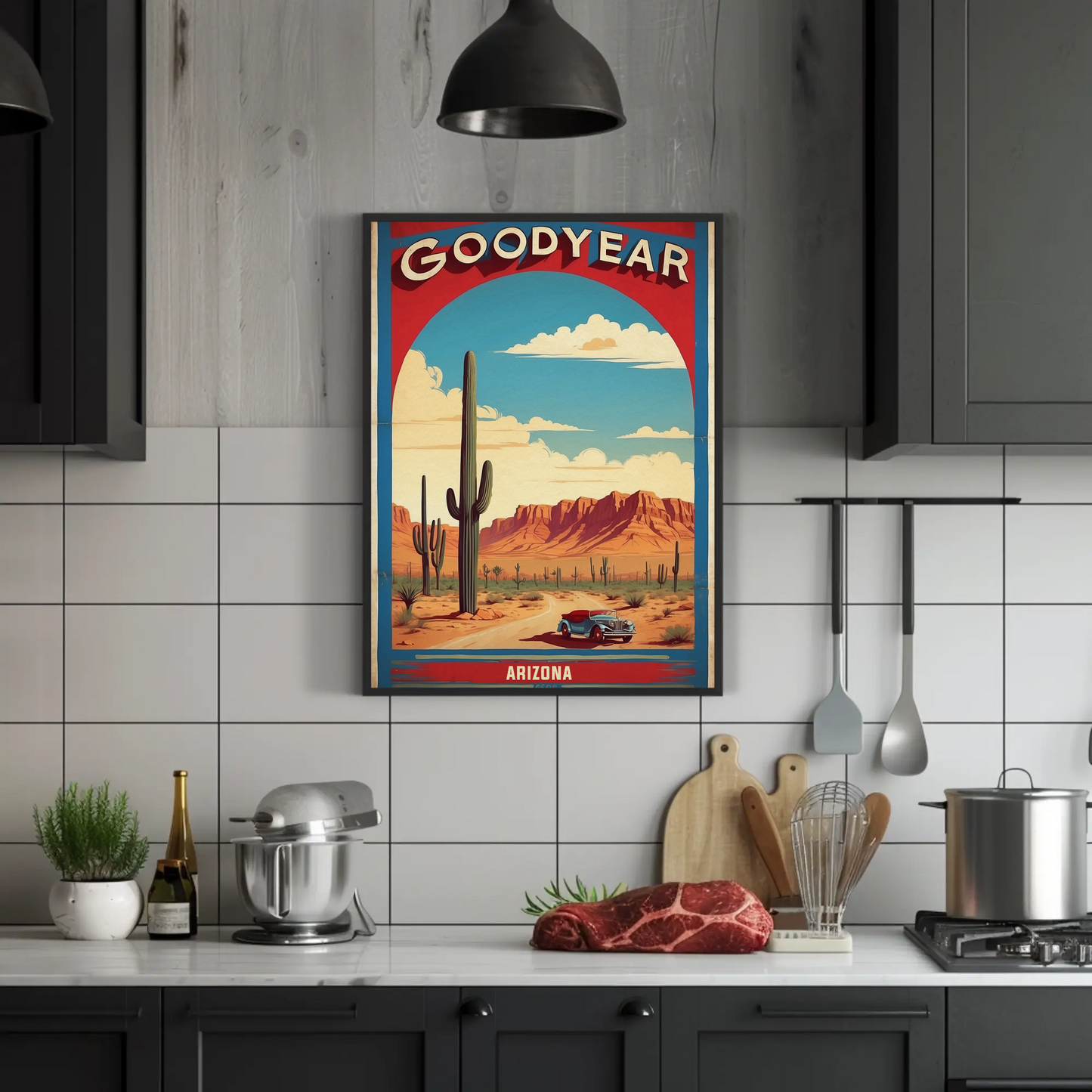 Goodyear Arizona Desert Roadster Mountains Vintage Travel Poster
