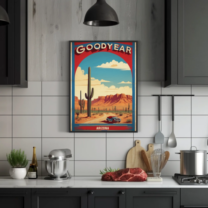 Goodyear Arizona Desert Roadster Mountains Vintage Travel Poster