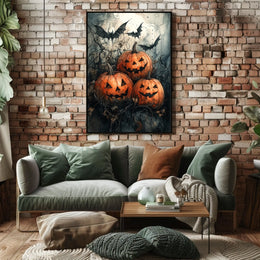 Halloween Jack-o'-lantern Bats Gathering Art Print Poster
