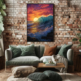 Dramatic Ocean Wave Sunset Scene Artistic Poster