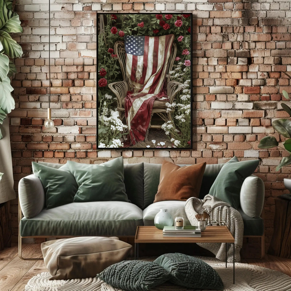 rustic garden chair with an old American flag draped Poster