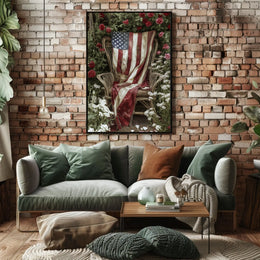rustic garden chair with an old American flag draped Poster