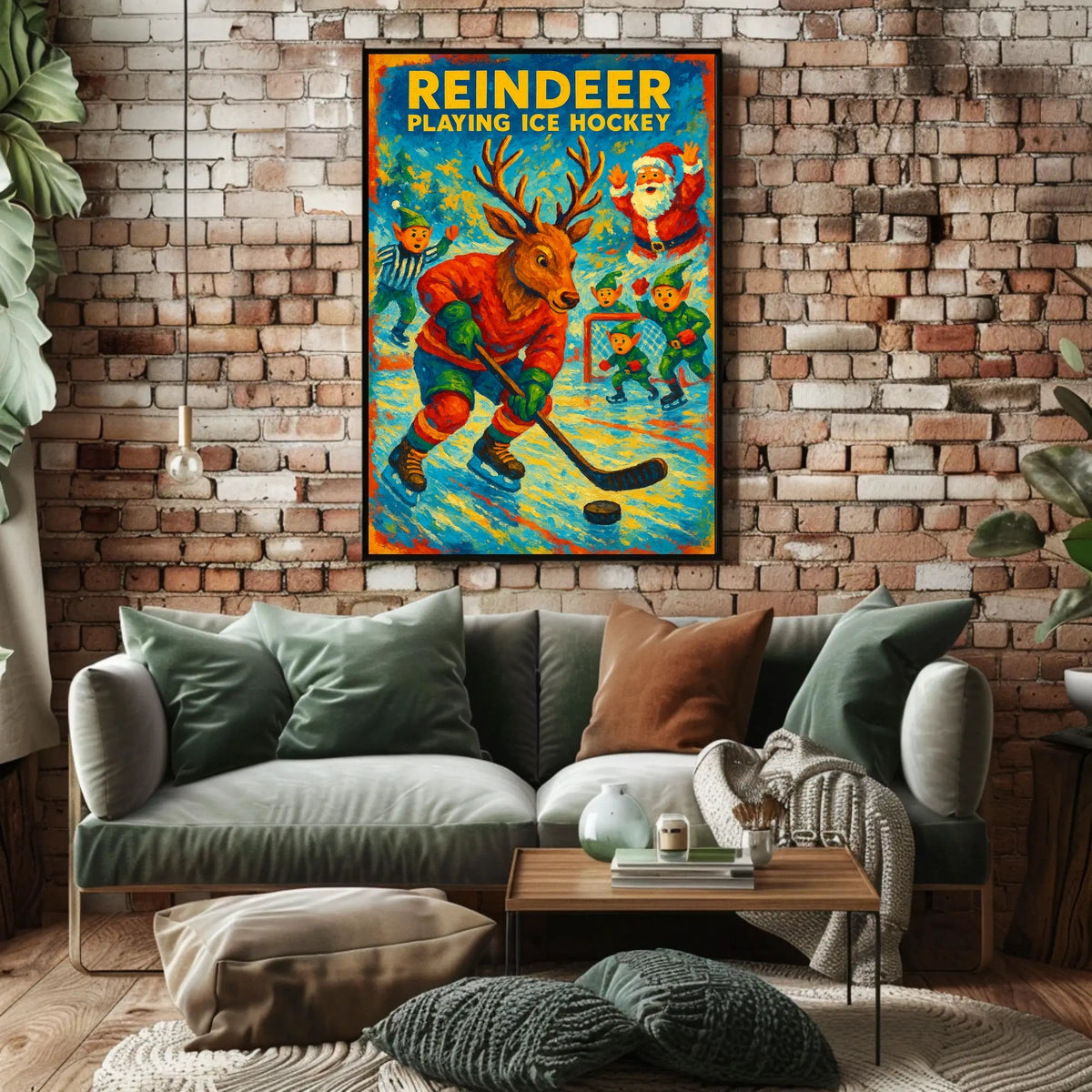 Reindeer Playing Ice Hockey Poster