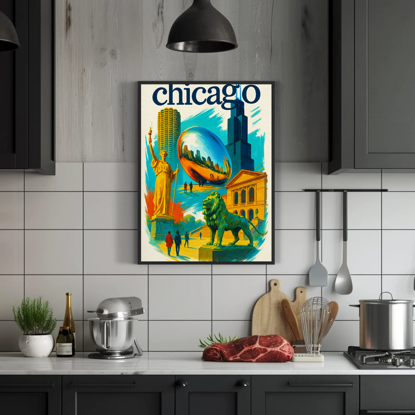 Chicago Lion Bean Willis Art Urban Vintage Travel Poster Wall Art