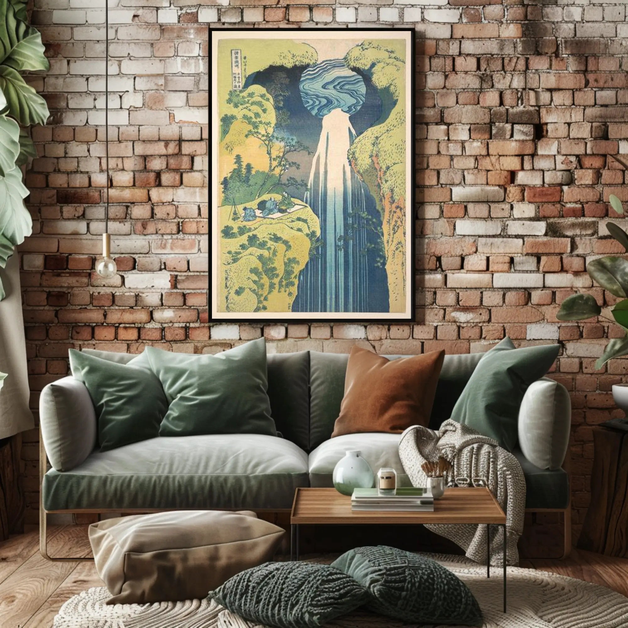 Serene Waterfall Scene: Traditional Japanese Woodblock Print Poster
