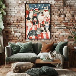 Colorful Patriotic Cats On Picnic Blanket Art Poster