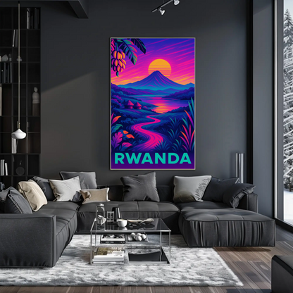 Rwanda Neon Night Valley Sunset Travel Poster