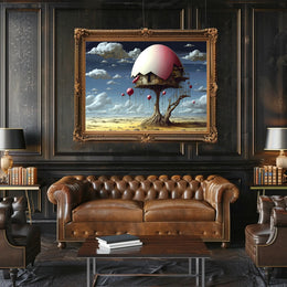 Surreal Desert House with Whimsical Balloons Artistic Poster