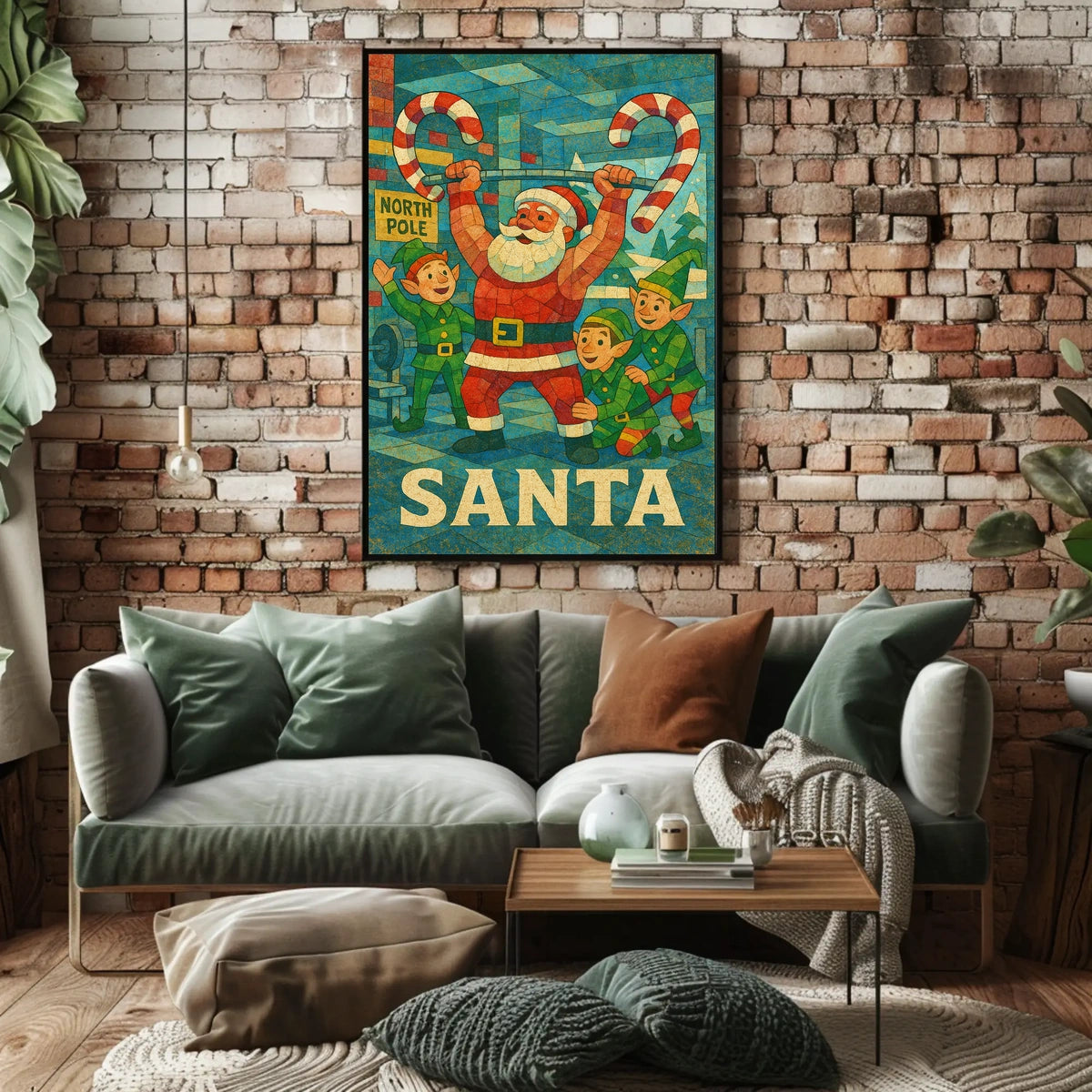 Santa's Festive Workout Vintage Christmas Poster