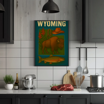 Wyoming Bison Fish Rope Hat Nature Vintage Travel Poster