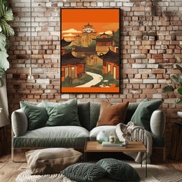 Tranquil Village at Sunset Poster