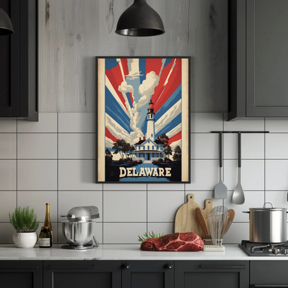 Delaware Lighthouse Patriotic Rays Vintage Travel Poster