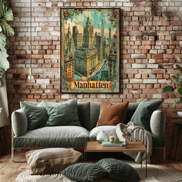 Vintage Manhattan Skyscrapers Nostalgic Urban Art Poster