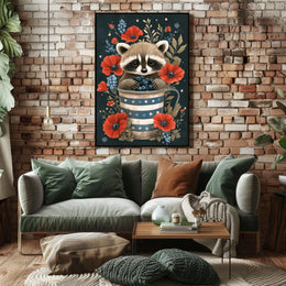 raccoon sitting inside a metal watering can Poster