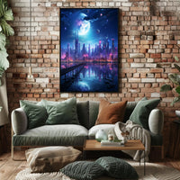 Neon Cityscape Under A Cosmic Sky Poster