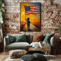 child holding a large American flag Poster