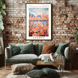 London Flower Market: Vibrant Blooms Against Iconic Skyline Poster