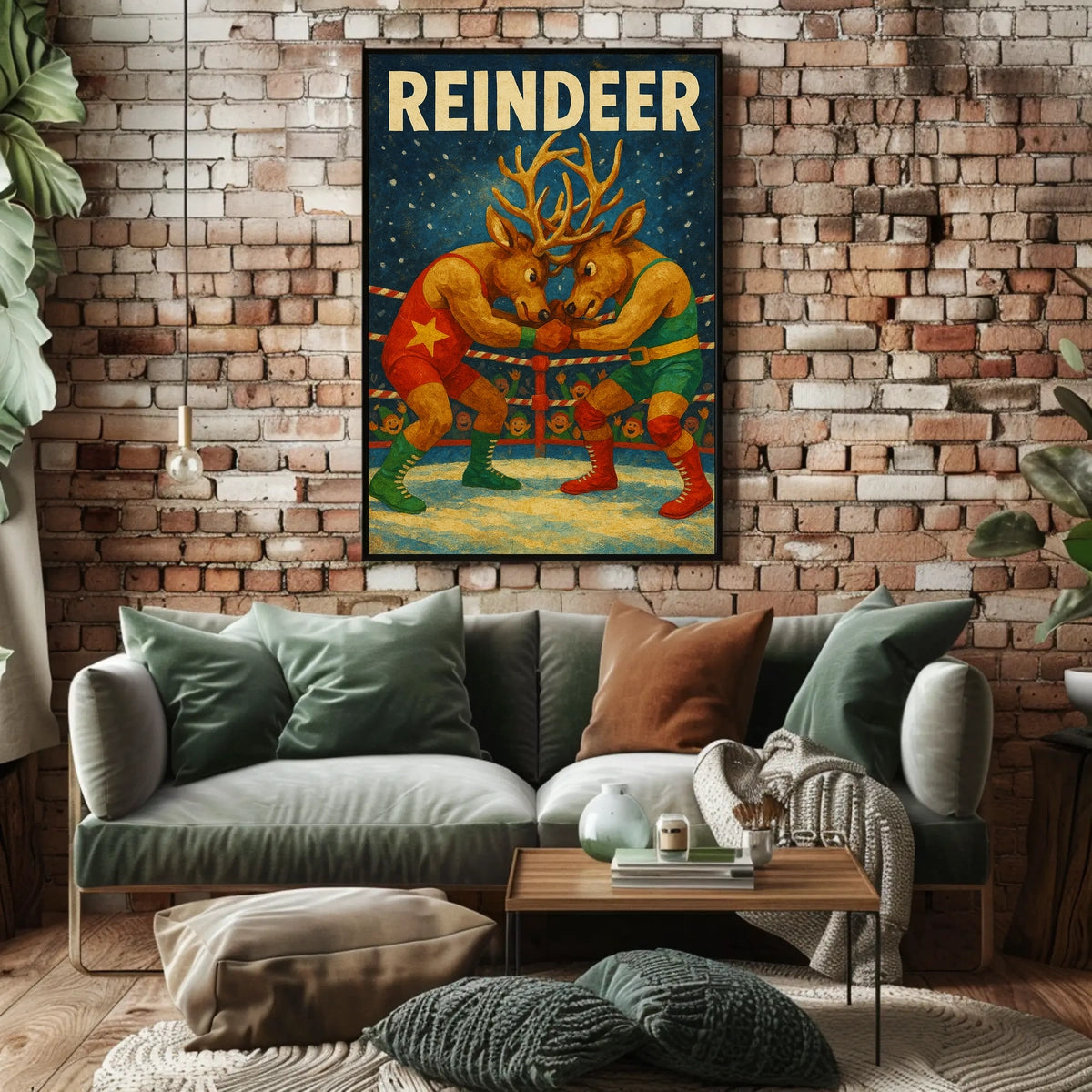 Whimsical Reindeer Wrestling Holiday Poster Art Print
