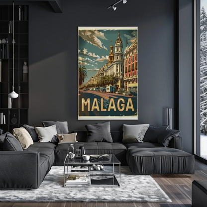 Malaga Urban Cityscape with Palm-Lined Boulevard Travel Poster