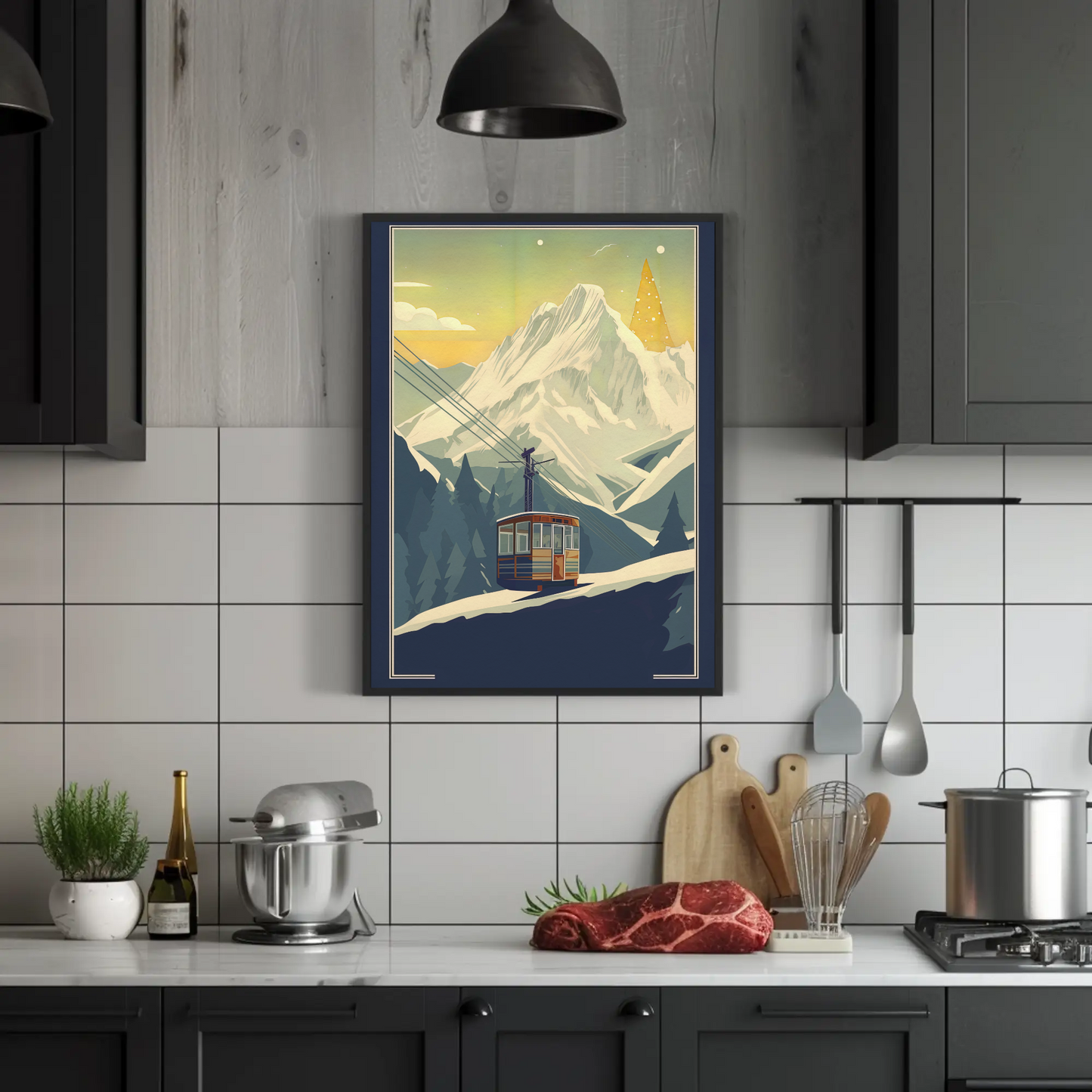 Village Chapel Below Jagged Alps Vintage Travel Poster