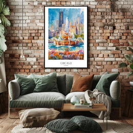 Vibrant Chicago Skyline Watercolor Urban or Cityscape Poster PosterGoat