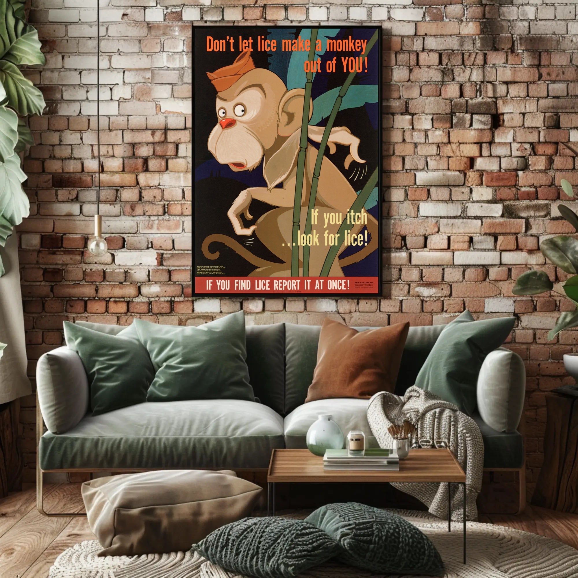 Vintage Cartoon Monkey Lice Prevention Educational Poster PosterGoat