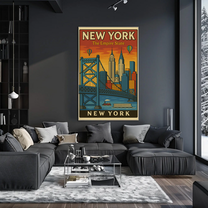 New York Empire State Skyline Bridge Vintage Poster
