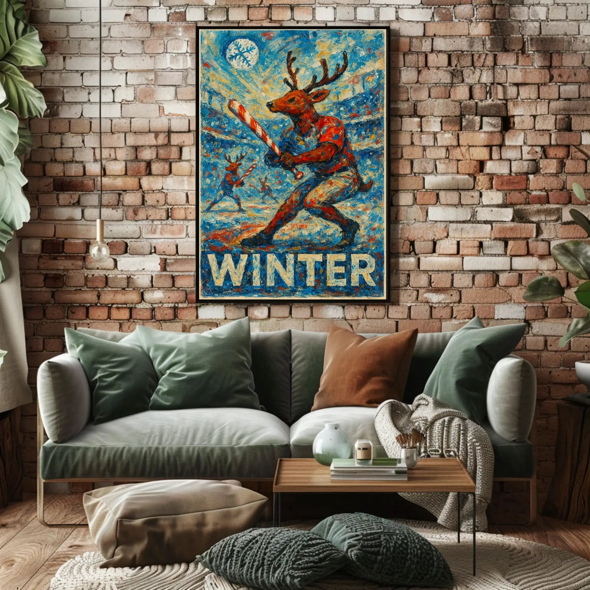 Whimsical Reindeer Baseball Candy Cane Winter Poster