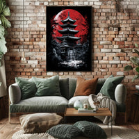 Traditional Japanese Pagoda with Red Moon Cultural Poster
