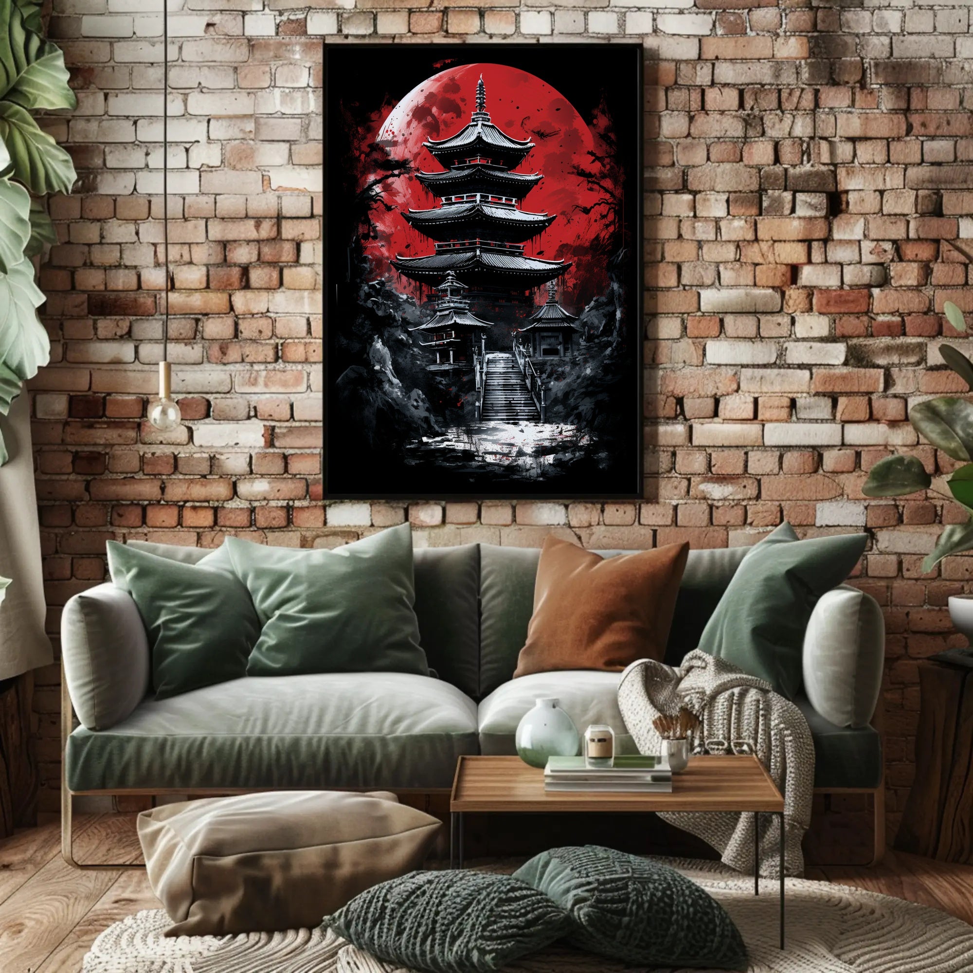 Traditional Japanese Pagoda with Red Moon Cultural Poster