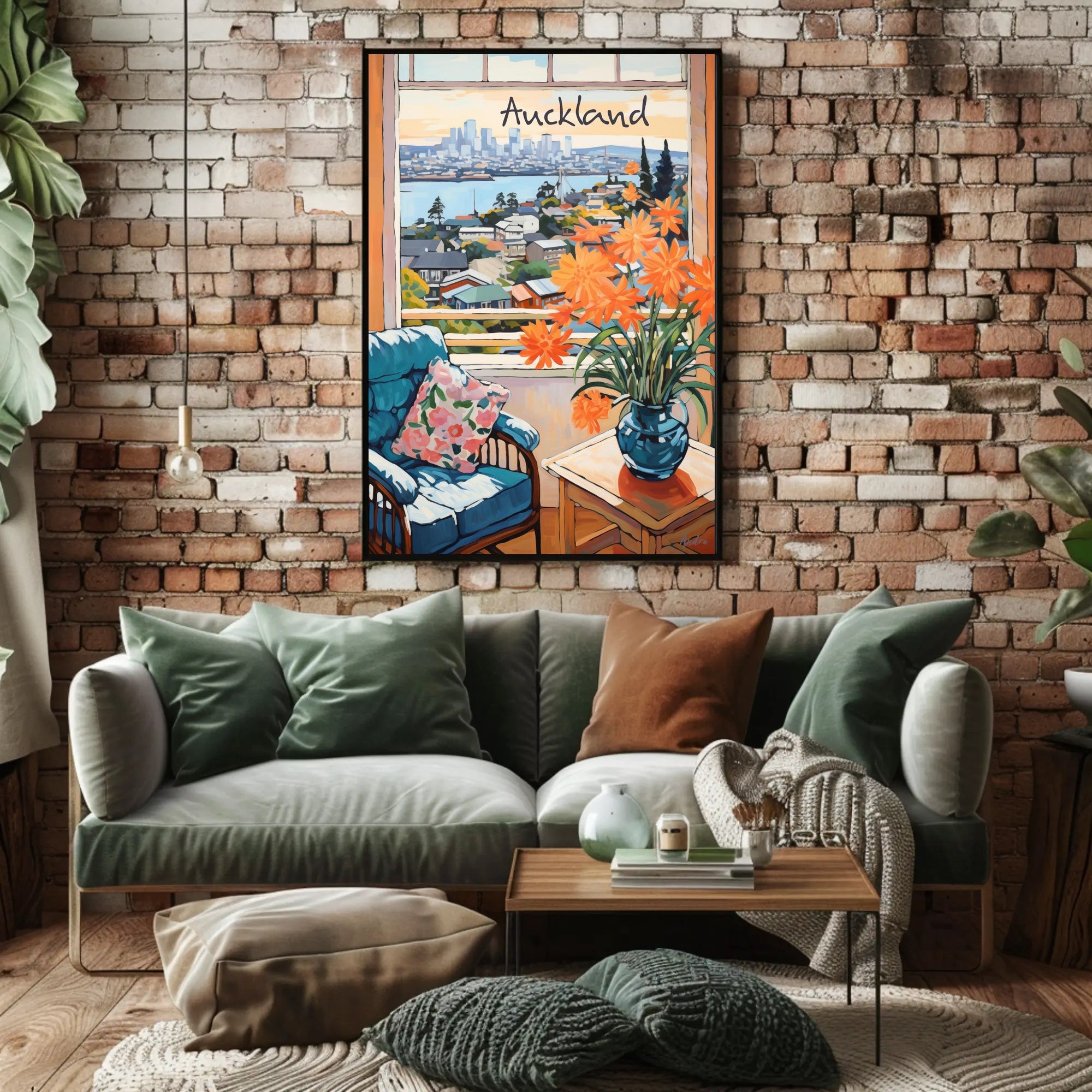 Scenic View of Auckland: Cozy Interior with Blue Armchair and Harbor Poster