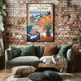 Scenic View of Auckland: Cozy Interior with Blue Armchair and Harbor Poster