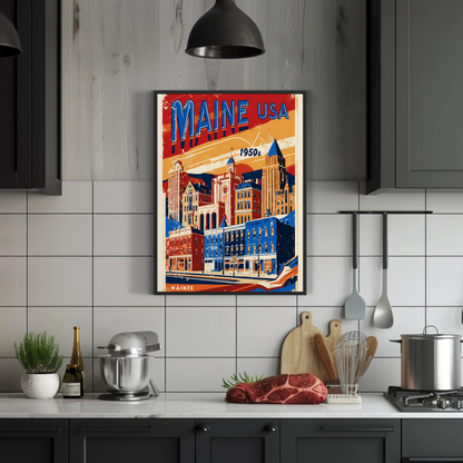 Maine USA 1950s Seaside Townscape Vintage Maroon Travel Poster