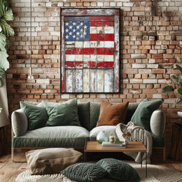 wooden barn door with faded American flag Poster