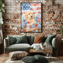 Golden Retriever Puppy In Wagon With American Flags Poster
