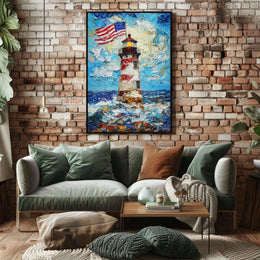 Lighthouse By The Ocean With American Flags Poster