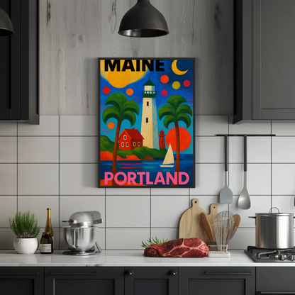 Maine Portland Lighthouse Sailboats Palms Vintage Travel Poster