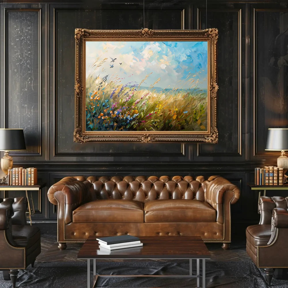 Vibrant Meadow Impressionist Poster with Soaring Birds